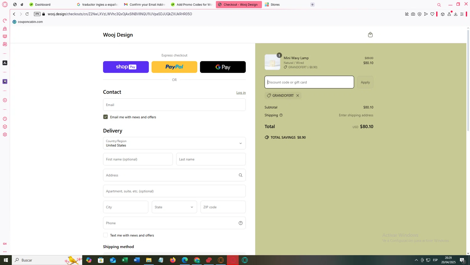 Wooj Design promo code screenshot showing code GRANDOFERT applied at Wooj Design checkout page. Uploaded by SimplyCodes community member JEUGENIO on Apr 21, 2025