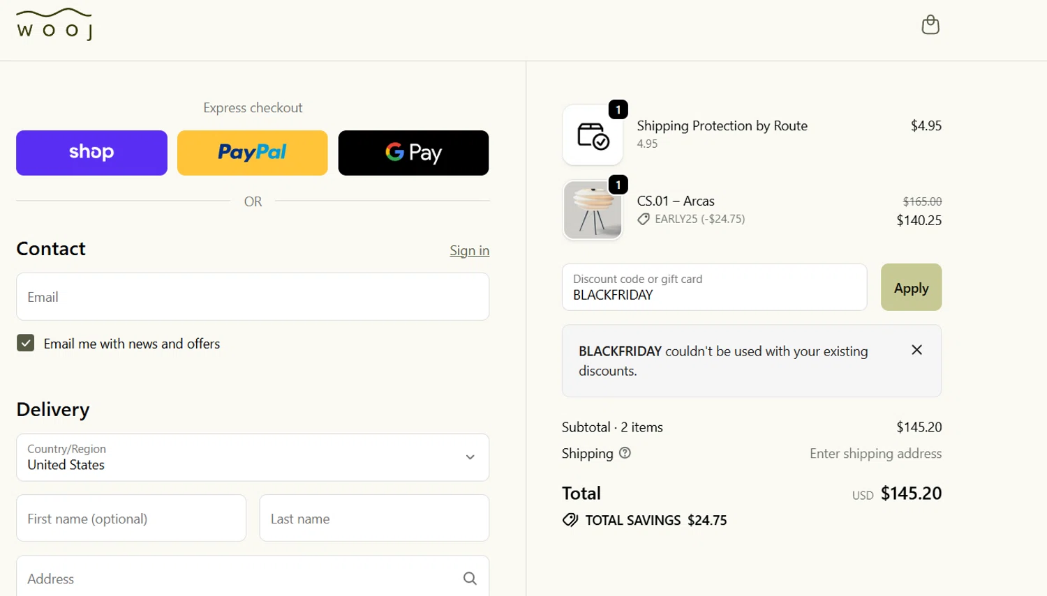Wooj Design promo code screenshot showing code BLACKFRIDAY applied at Wooj Design checkout page. Uploaded by SimplyCodes community member Toro2000 on Nov 15, 2025