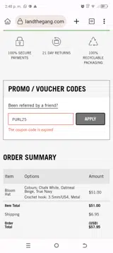 PURL25 coupon verification screenshot