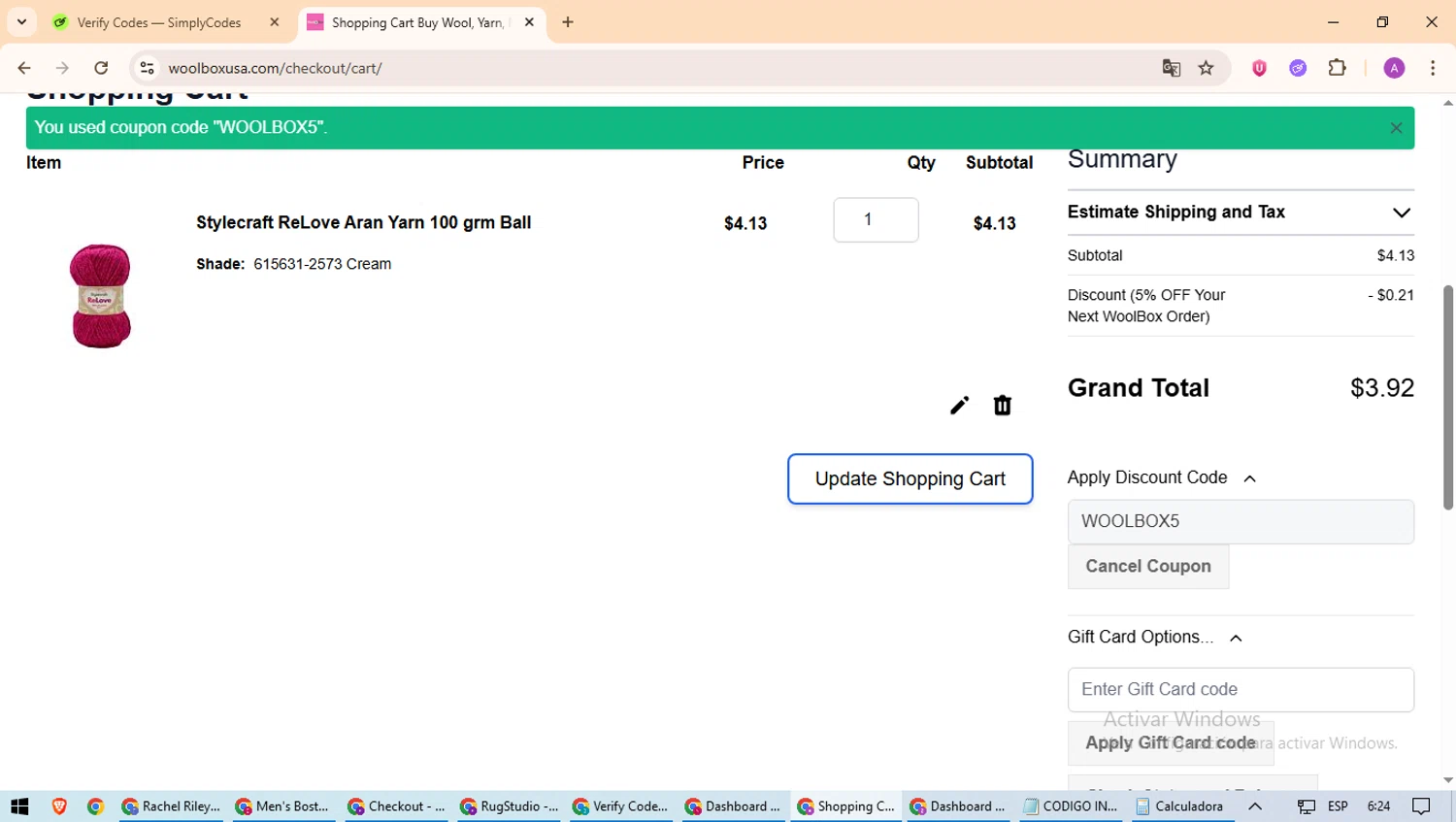 WoolBox discount code screenshot showing code WOOLBOX5 applied at WoolBox checkout page. Uploaded by SimplyCodes community member ScanExpert2824 on Sep 8, 2025