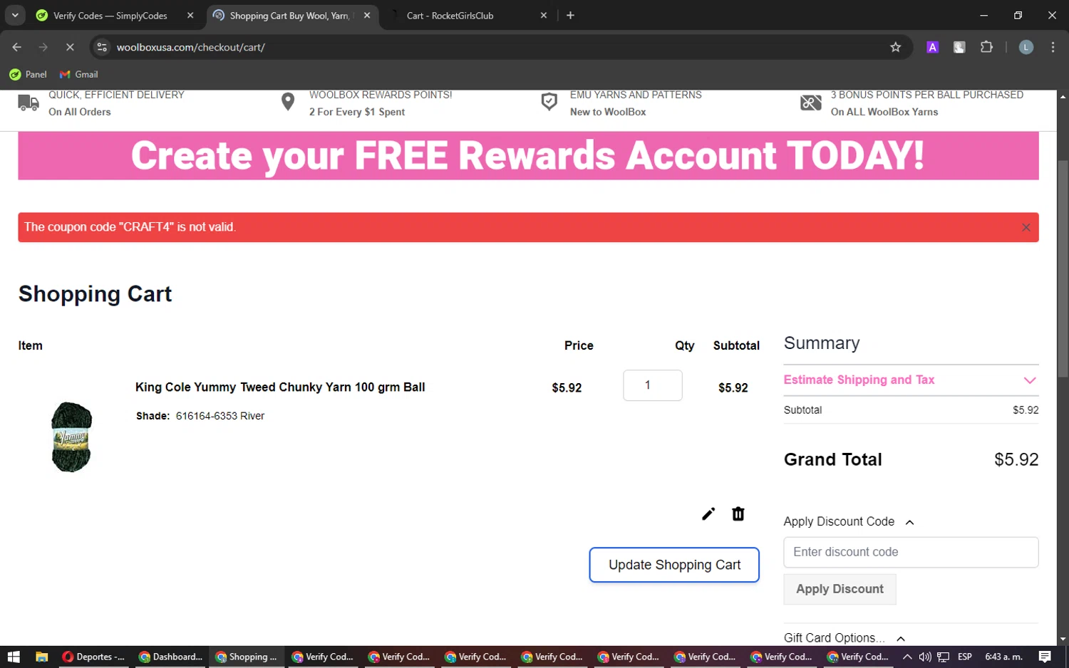 WoolBox discount code screenshot showing code CRAFT4 applied at WoolBox checkout page. Uploaded by SimplyCodes community member Laureandiaz on Jan 24, 2025