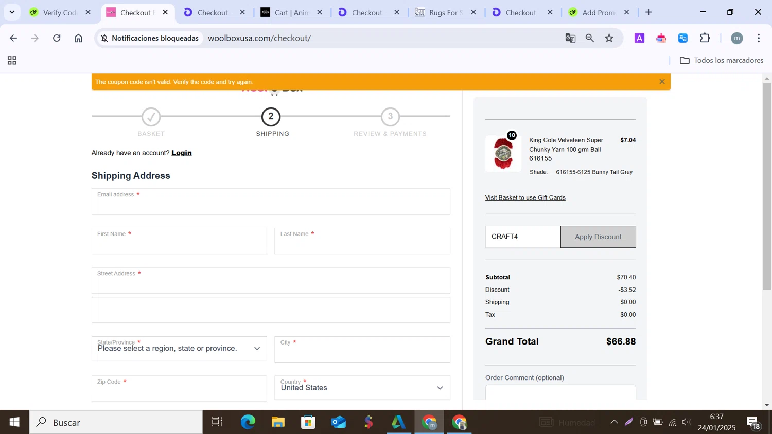WoolBox discount code screenshot showing code CRAFT4 applied at WoolBox checkout page. Uploaded by SimplyCodes community member MANUELURBINA on Jan 24, 2025