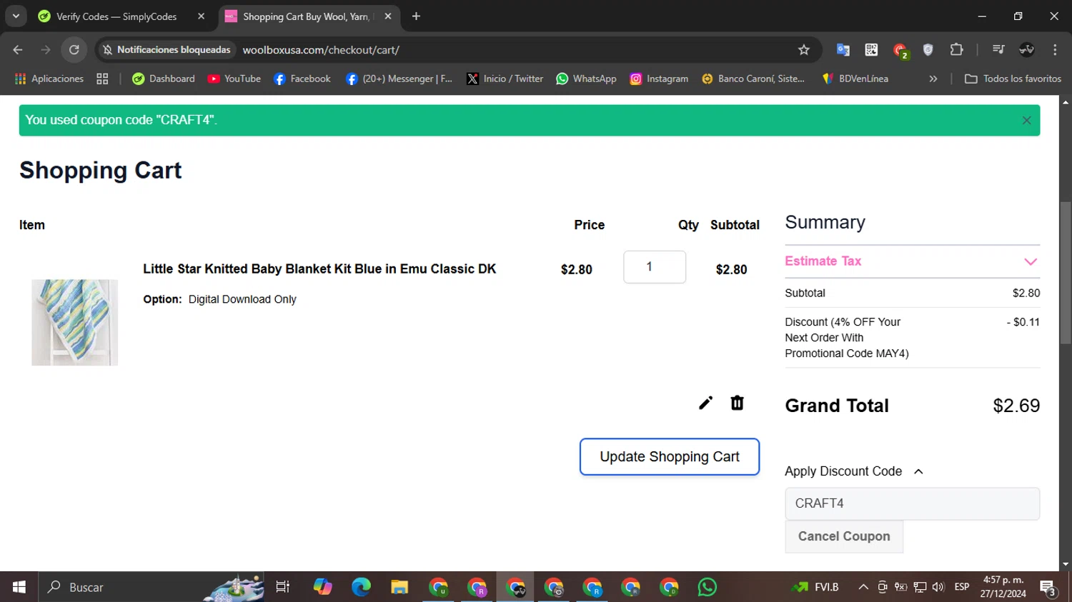 WoolBox checkout page showing WoolBox discount code box | Screenshot taken by SimplyCodes community member on Dec 27, 2024