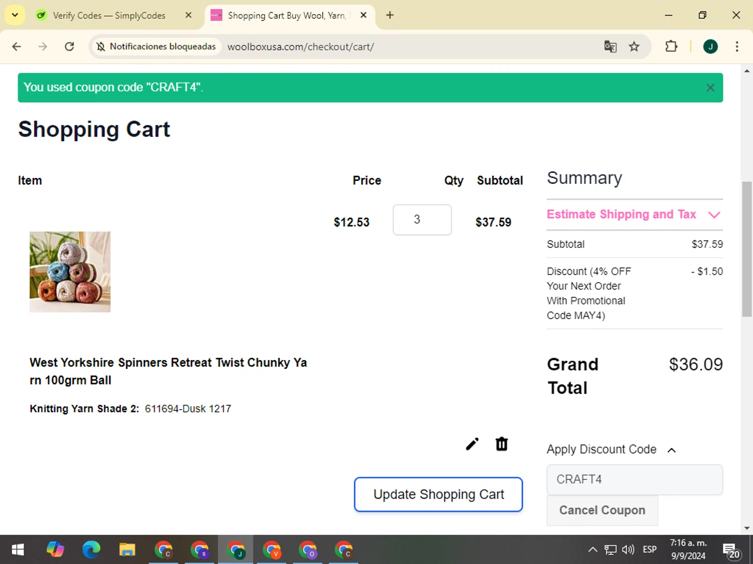 WoolBox checkout page showing WoolBox discount code box | Screenshot taken by SimplyCodes community member on Sep 9, 2024
