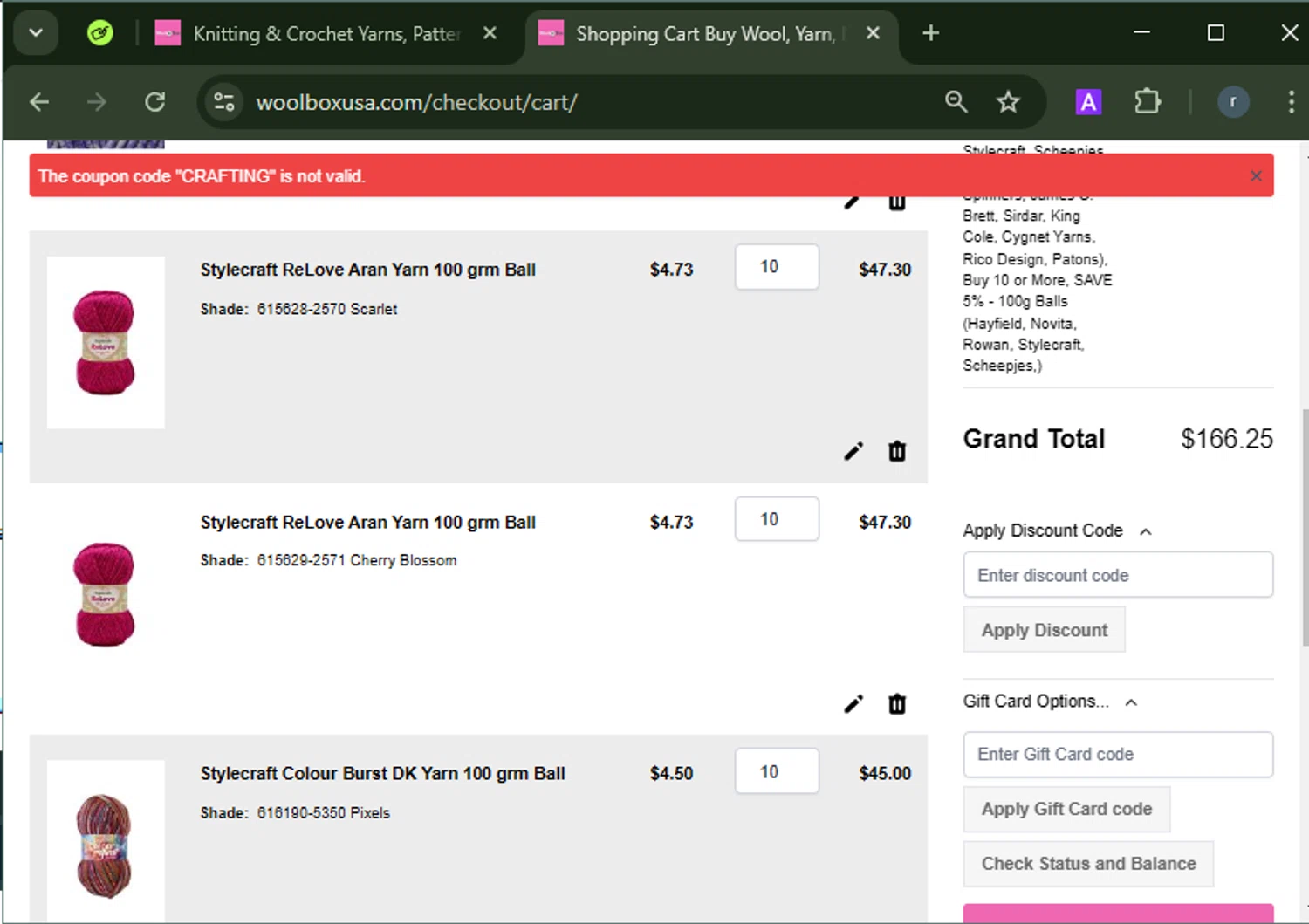 WoolBox discount code screenshot showing code CRAFTING applied at WoolBox checkout page. Uploaded by SimplyCodes community member RamonAlexander on Feb 24, 2025
