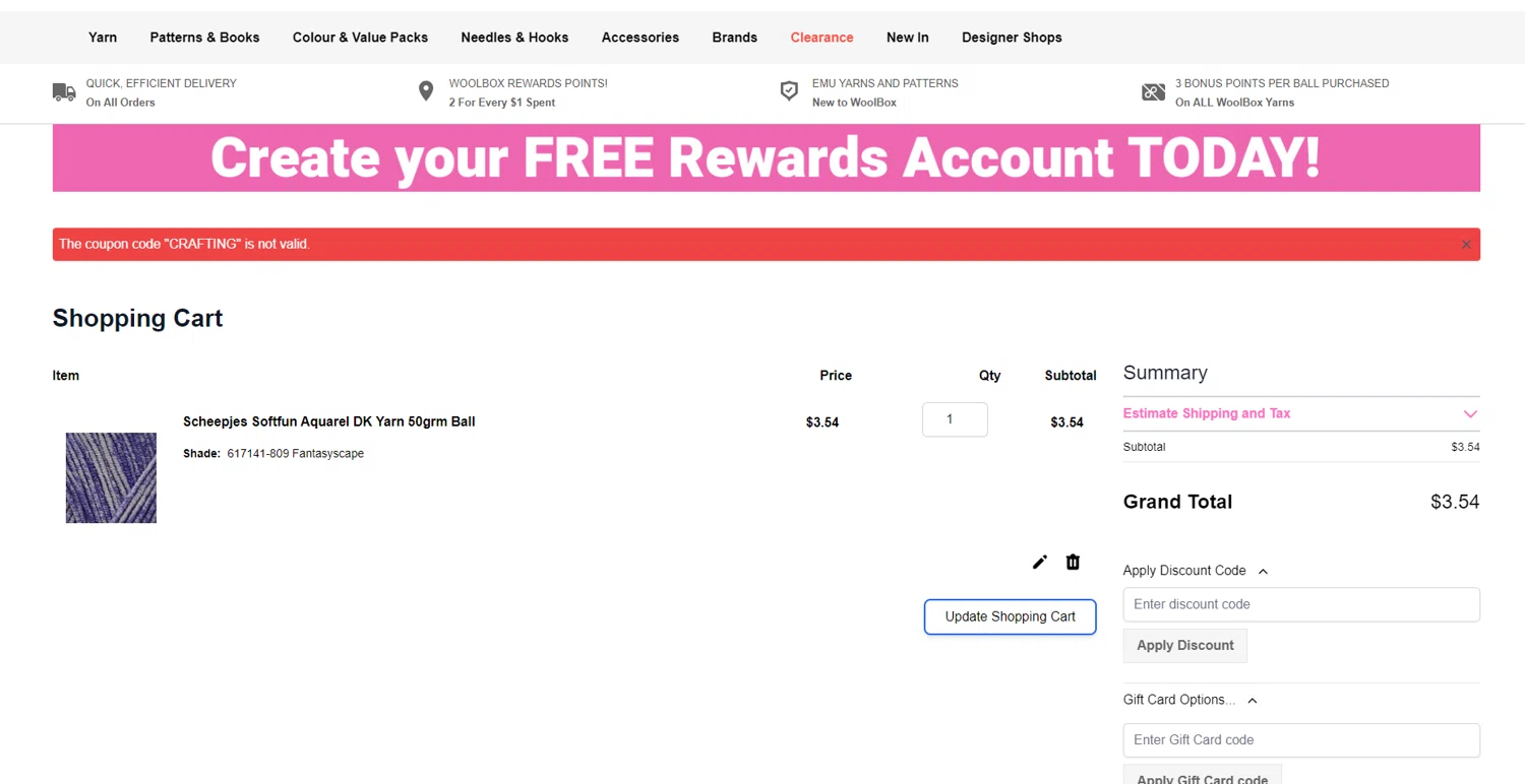 WoolBox discount code screenshot showing code CRAFTING applied at WoolBox checkout page. Uploaded by SimplyCodes community member WonderGuardian4443 on Feb 24, 2025