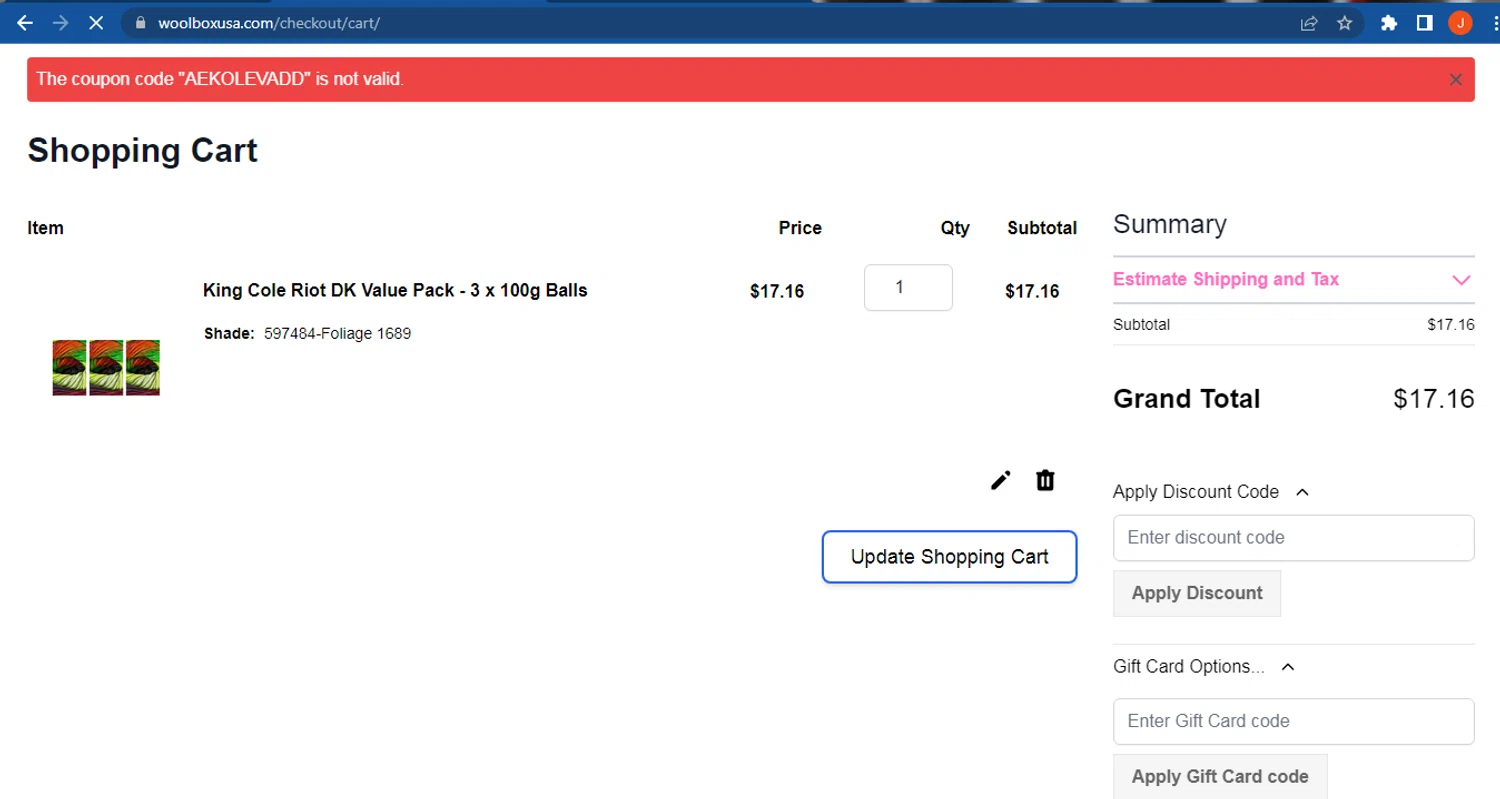 WoolBox discount code screenshot showing code AEKOLEVADD applied at WoolBox checkout page. Uploaded by SimplyCodes community member FranquizJoel on Apr 14, 2025
