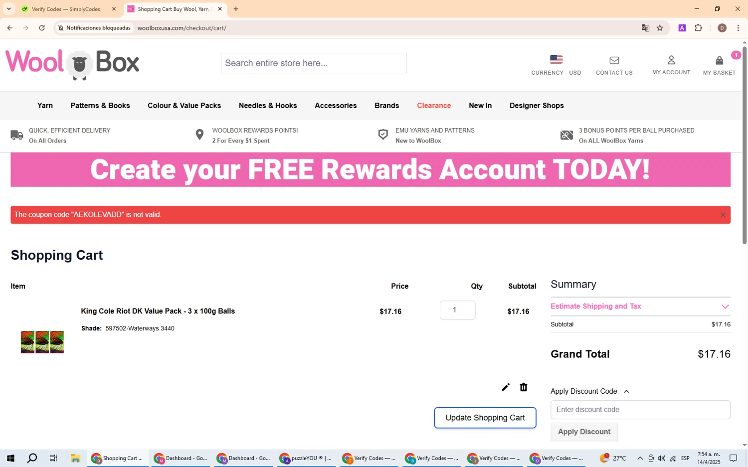 WoolBox discount code screenshot showing code AEKOLEVADD applied at WoolBox checkout page. Uploaded by SimplyCodes community member BrilliantWizard8884 on Apr 14, 2025