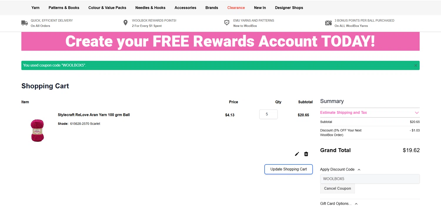WoolBox discount code screenshot showing code WOOLBOX5 applied at WoolBox checkout page. Uploaded by SimplyCodes community member ivantorres on Aug 8, 2025