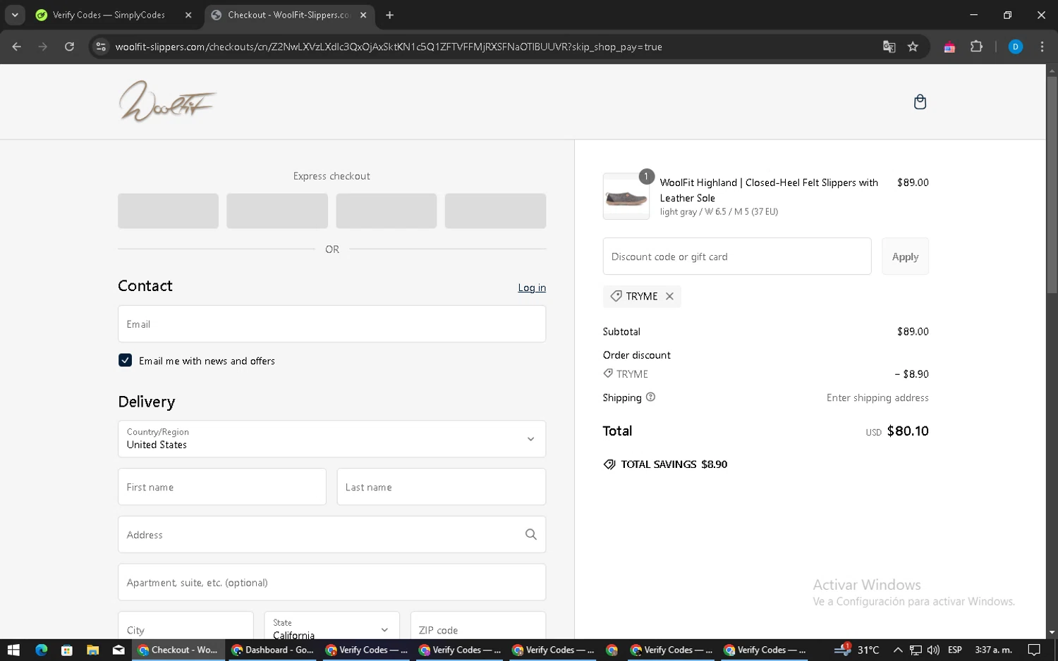 WoolFit promo code screenshot showing code TRYME applied at WoolFit checkout page. Uploaded by SimplyCodes community member LegendaryWarden2503 on Feb 8, 2025