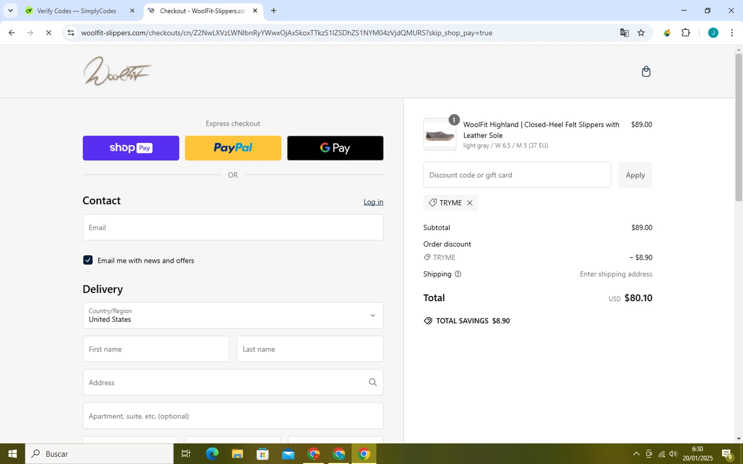 WoolFit promo code screenshot showing code TRYME applied at WoolFit checkout page. Uploaded by SimplyCodes community member collug_2_0 on Jan 20, 2025