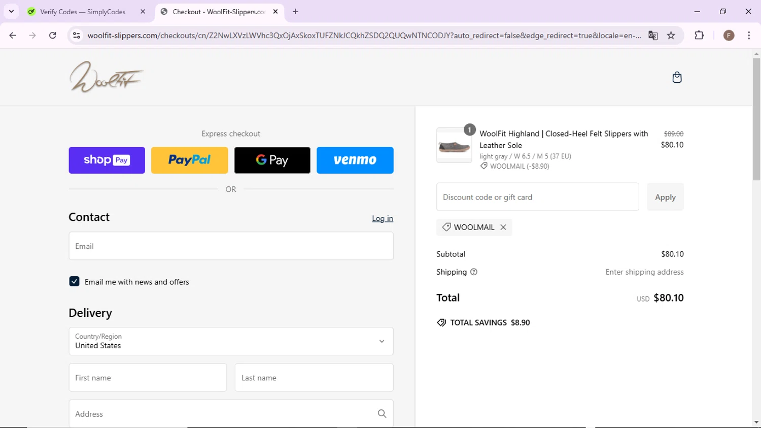 WoolFit promo code screenshot showing code WOOLMAIL applied at WoolFit checkout page. Uploaded by SimplyCodes community member CashLion2660 on Jan 20, 2025