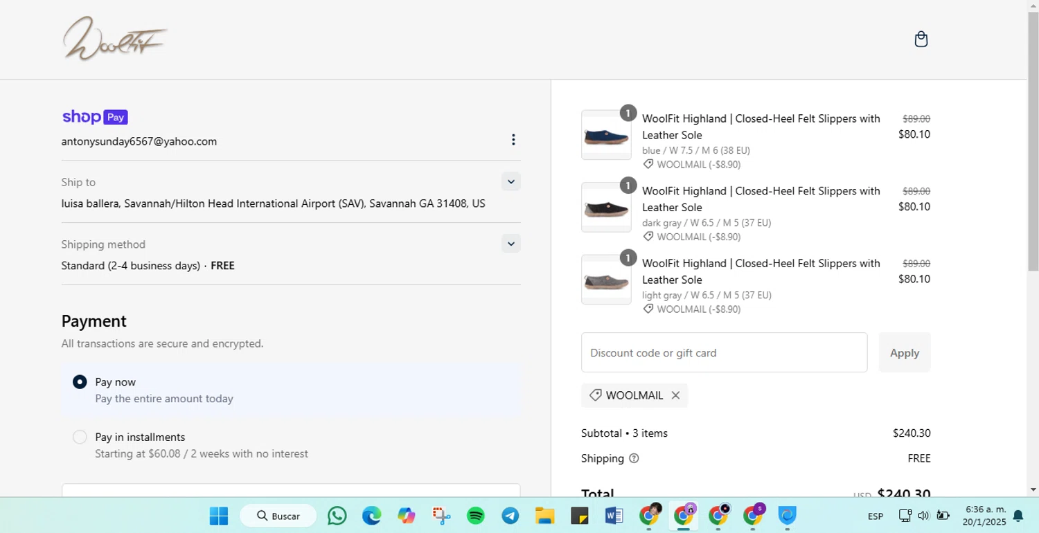 WoolFit promo code screenshot showing code WOOLMAIL applied at WoolFit checkout page. Uploaded by SimplyCodes community member GoldLynx7797 on Jan 20, 2025