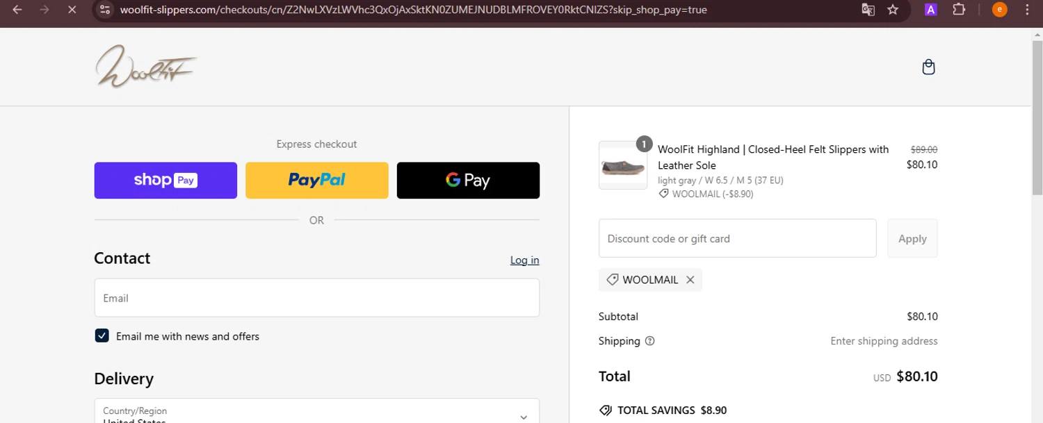 WoolFit promo code screenshot showing code WOOLMAIL applied at WoolFit checkout page. Uploaded by SimplyCodes community member NobleElite1598 on Feb 8, 2025