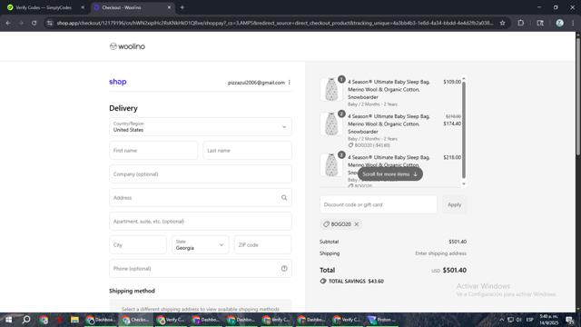 Woolino checkout page showing Woolino discount code box | Screenshot taken by SimplyCodes community member on Sep 14, 2025