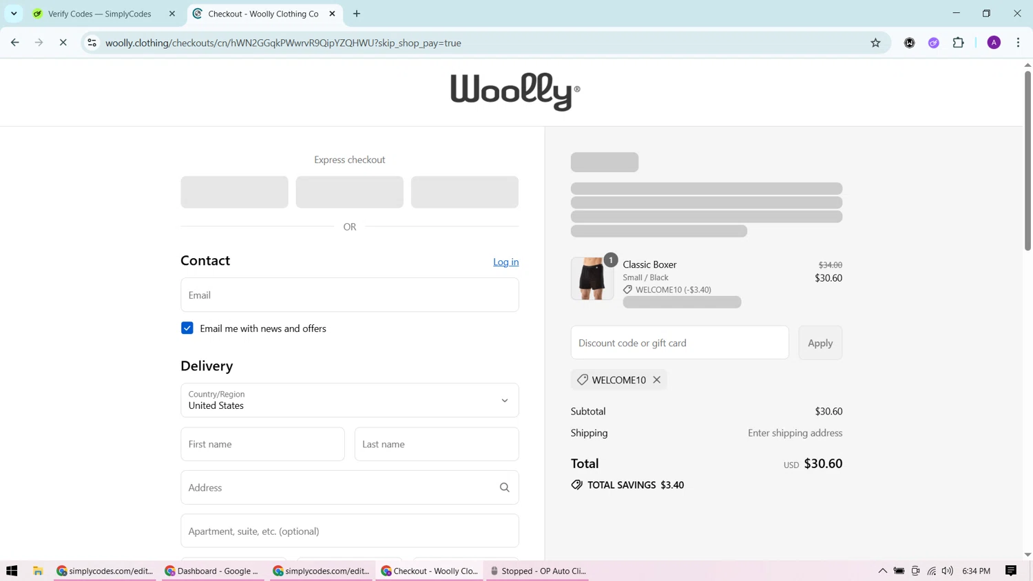 Woolly Clothing discount code screenshot showing code WELCOME10 applied at Woolly Clothing checkout page. Uploaded by SimplyCodes community member CashChaser7272 on Aug 26, 2025