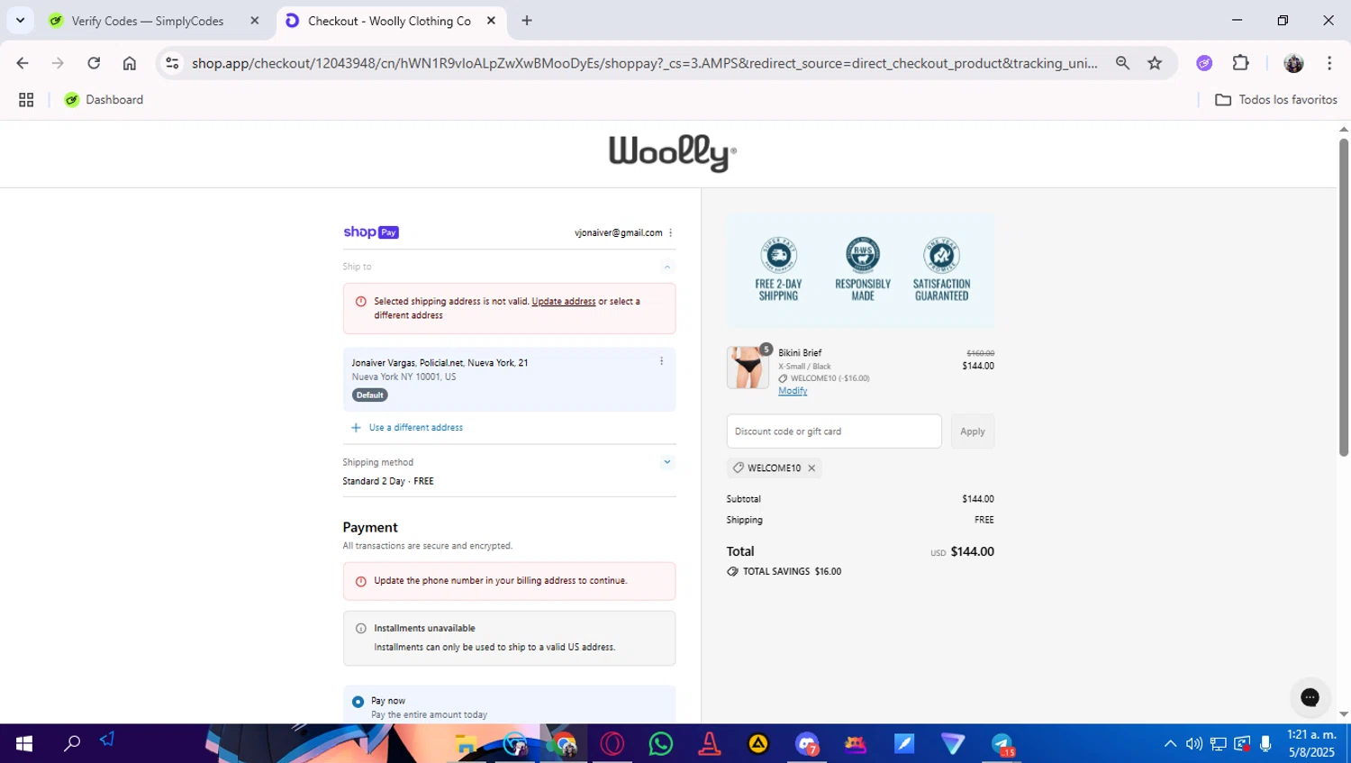 Woolly Clothing discount code screenshot showing code WELCOME10 applied at Woolly Clothing checkout page. Uploaded by SimplyCodes community member LuckyAce8014 on Aug 5, 2025