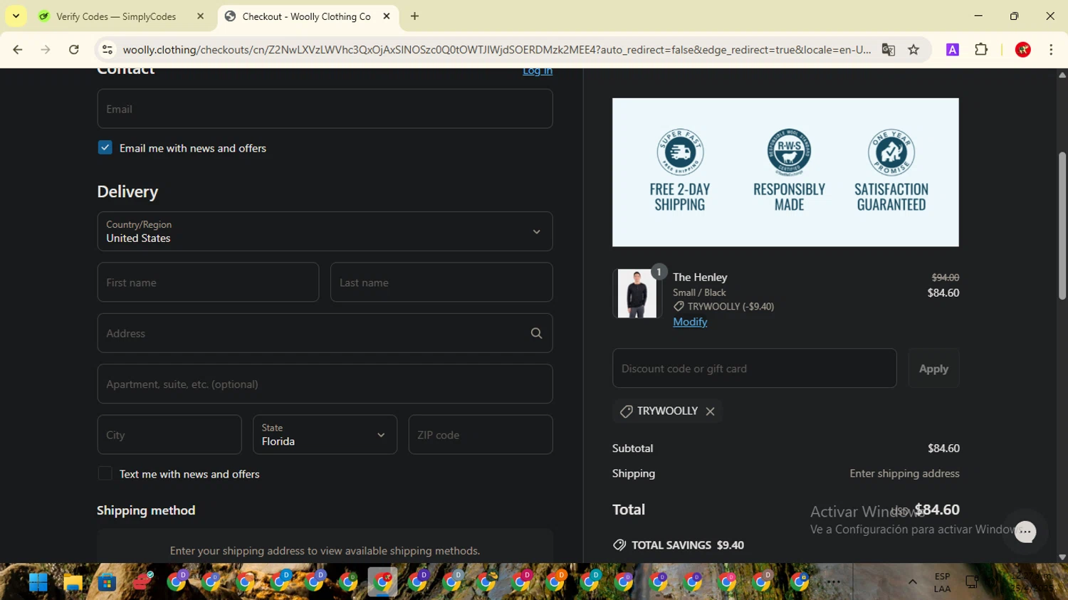 Woolly Clothing discount code screenshot showing code TRYWOOLLY applied at Woolly Clothing checkout page. Uploaded by SimplyCodes community member ShrewdCaptain2457 on Apr 25, 2025