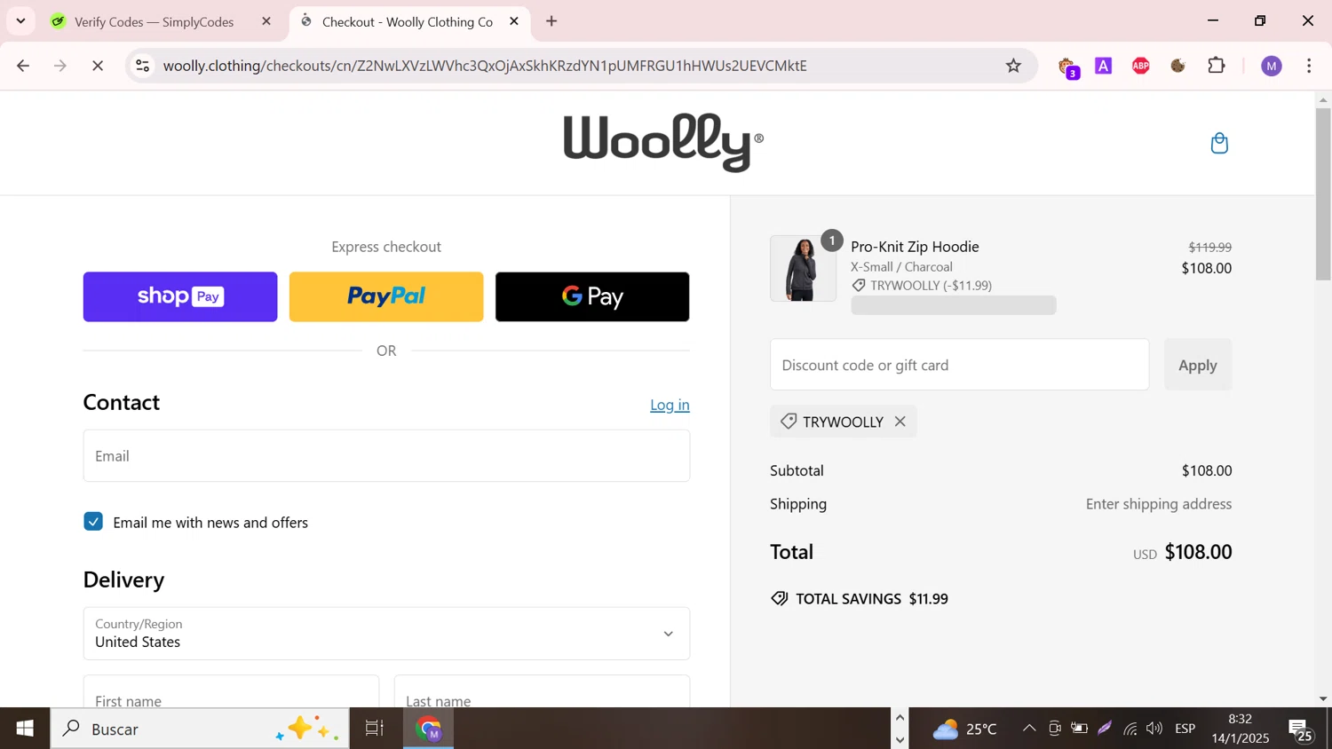 Woolly Clothing discount code screenshot showing code TRYWOOLLY applied at Woolly Clothing checkout page. Uploaded by SimplyCodes community member CouponCollector598 on Jan 14, 2025