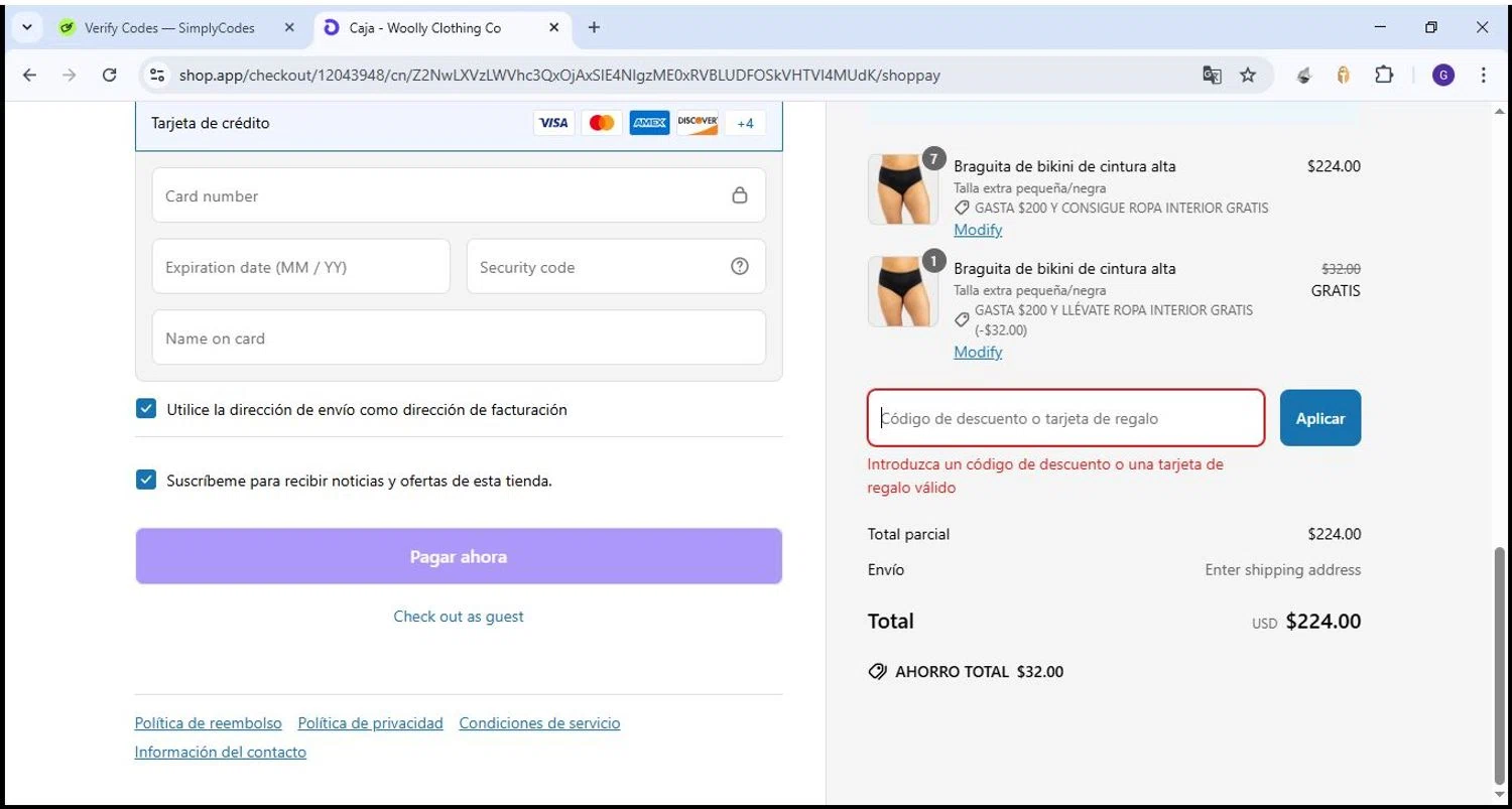 Woolly Clothing discount code screenshot showing code THANKYOU10 applied at Woolly Clothing checkout page. Uploaded by SimplyCodes community member Theking on Apr 18, 2025