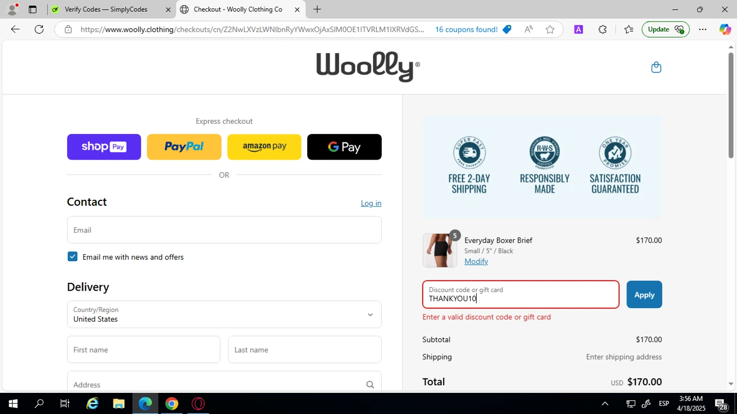 Woolly Clothing discount code screenshot showing code THANKYOU10 applied at Woolly Clothing checkout page. Uploaded by SimplyCodes community member SilverVirtuoso7221 on Apr 18, 2025
