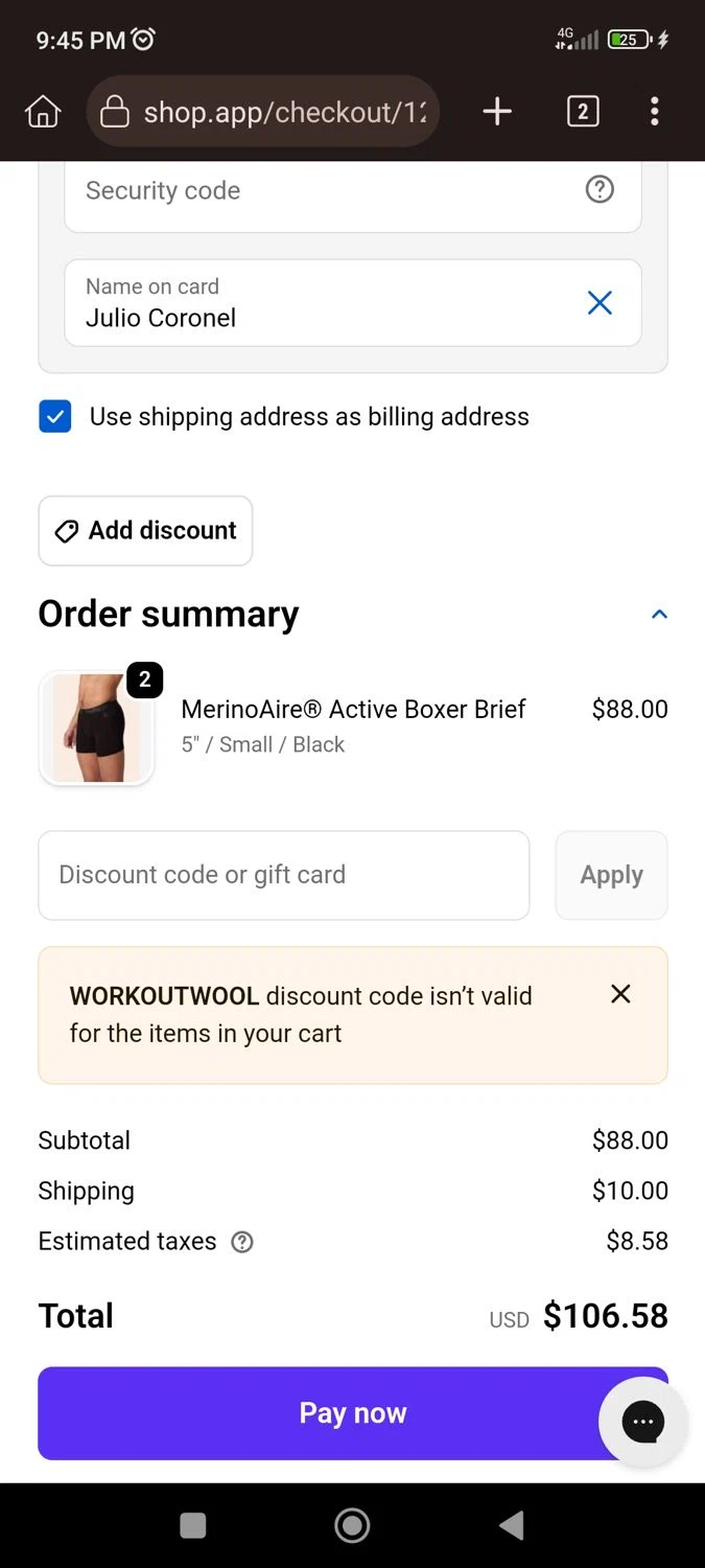Woolly Clothing discount code screenshot showing code workoutwool applied at Woolly Clothing checkout page. Uploaded by SimplyCodes community member CrownLion2750 on Jan 26, 2026