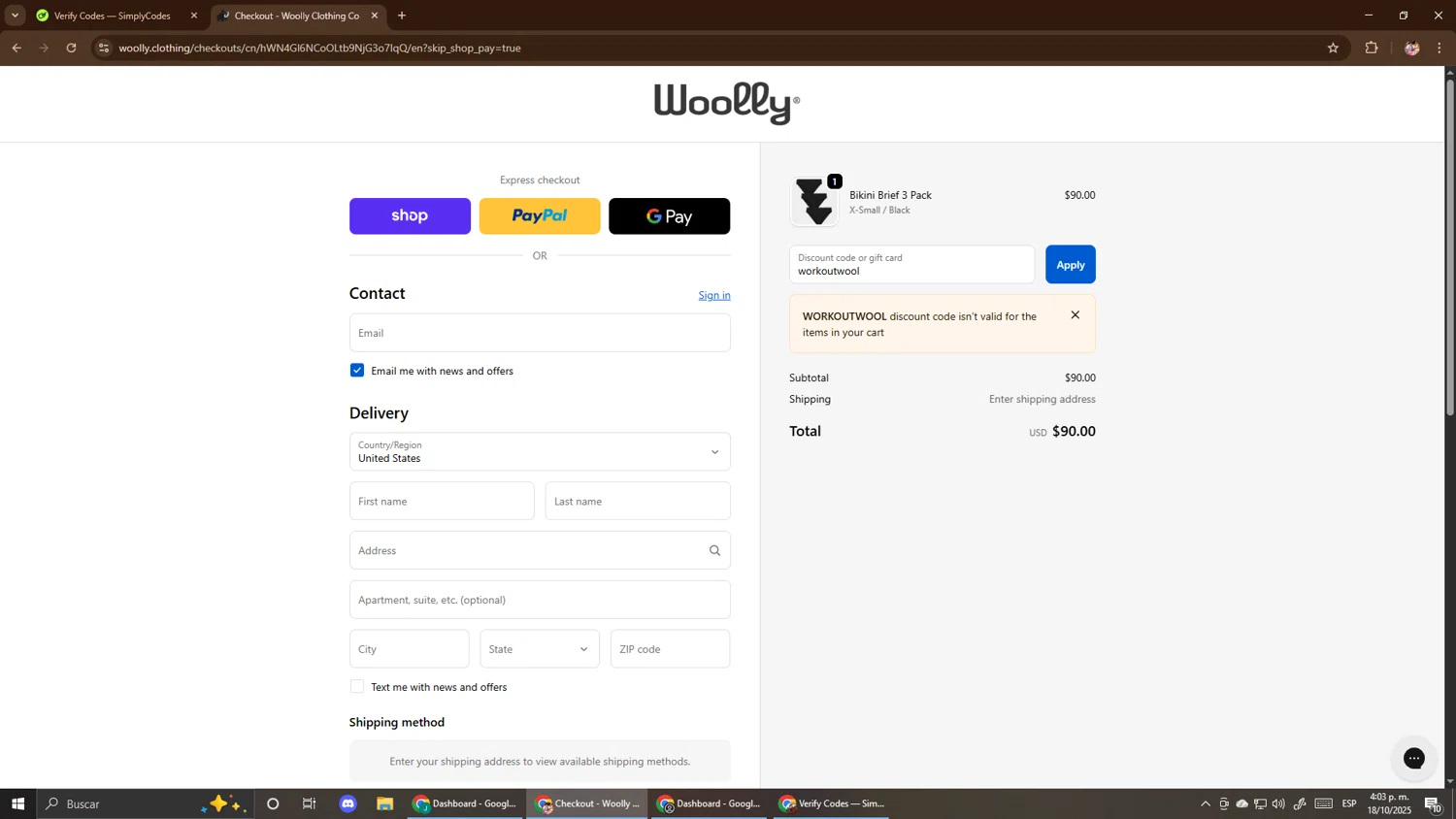 Woolly Clothing discount code screenshot showing code workoutwool applied at Woolly Clothing checkout page. Uploaded by SimplyCodes community member El_mynor on Oct 18, 2025
