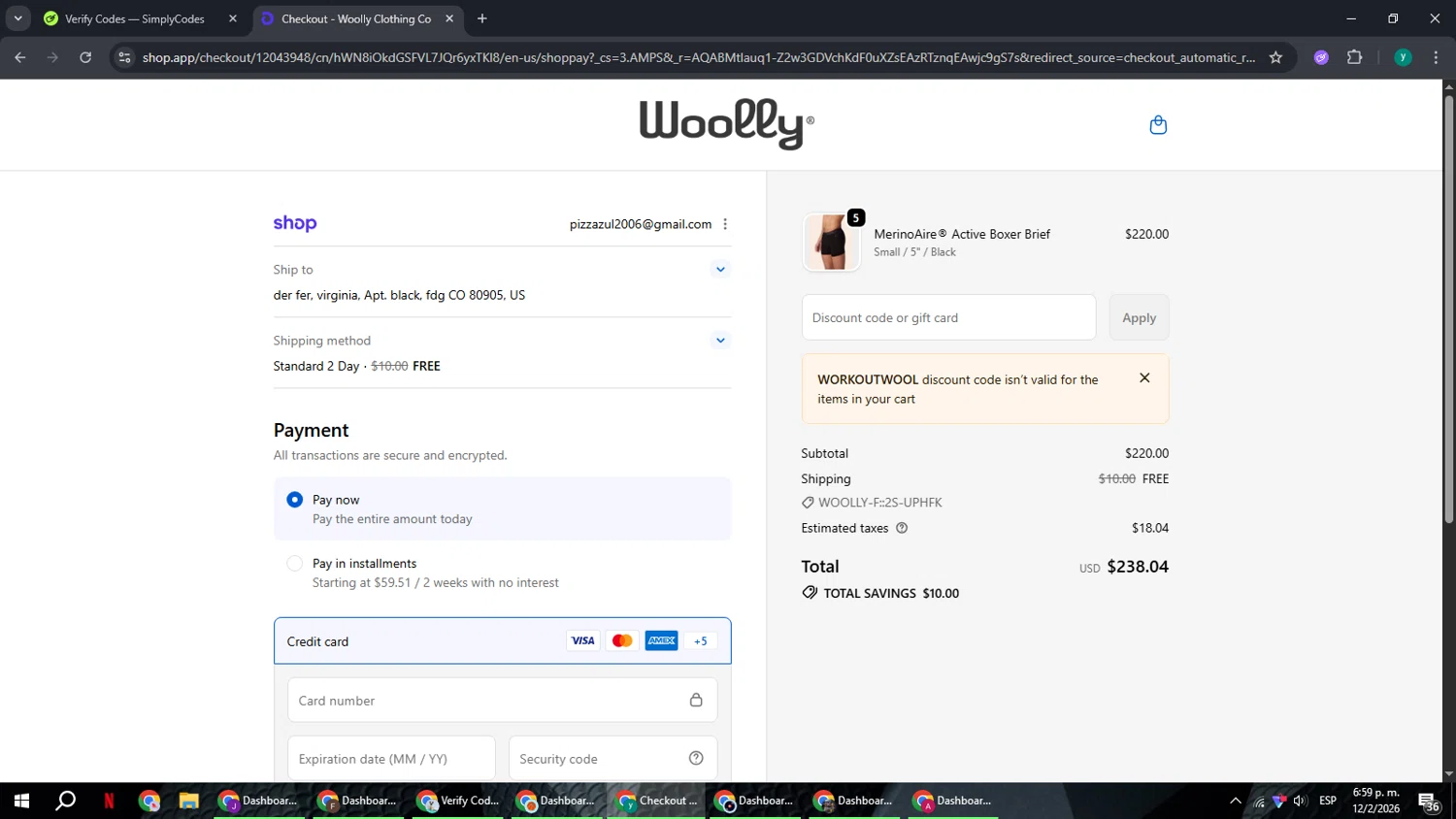 Woolly Clothing checkout page showing Woolly Clothing discount code box | Screenshot taken by SimplyCodes community member on Feb 12, 2026