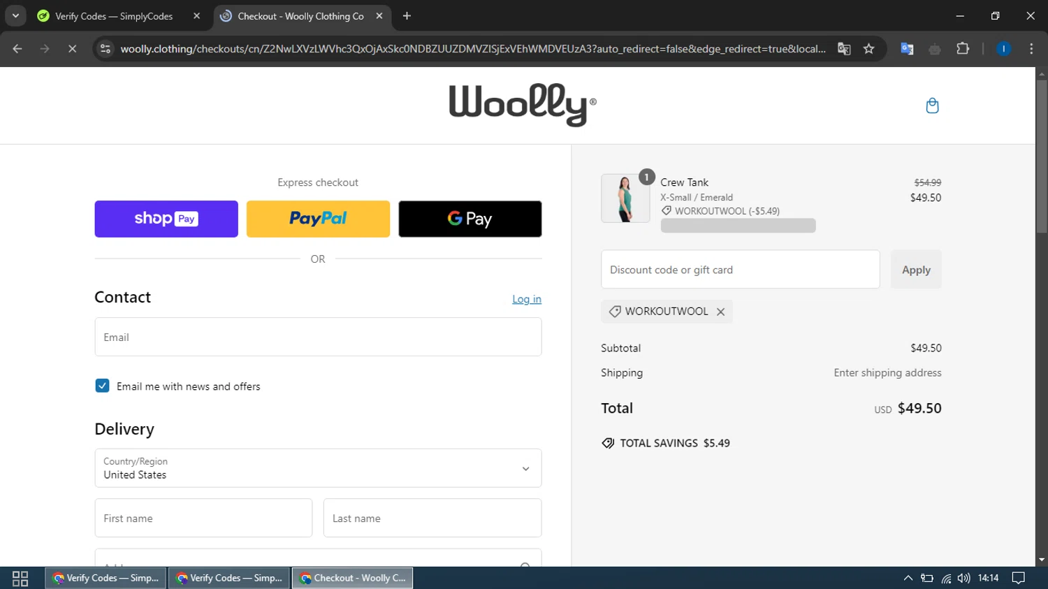 Woolly Clothing discount code screenshot showing code workoutwool applied at Woolly Clothing checkout page. Uploaded by SimplyCodes community member ThriftyScout4426 on Dec 27, 2024
