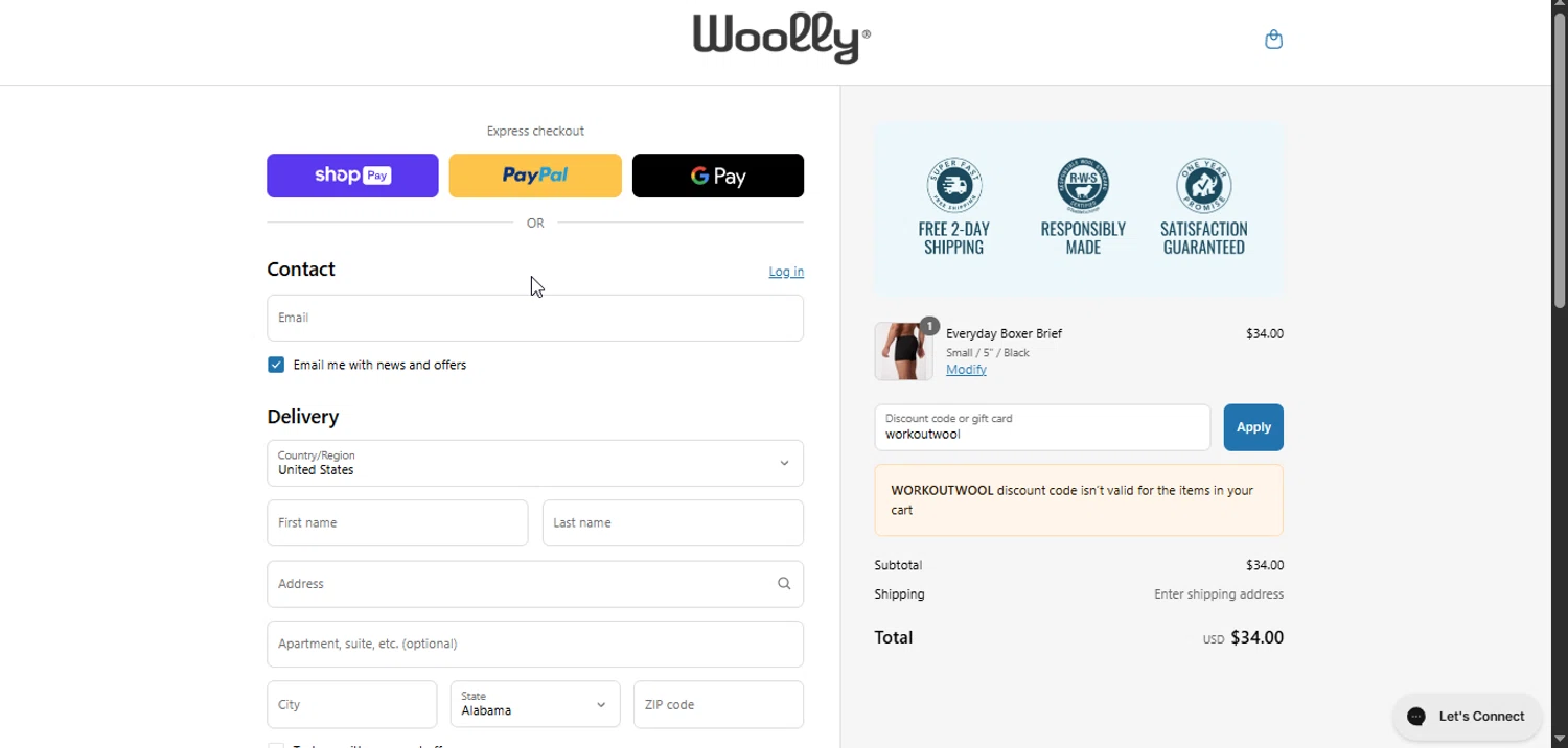 Woolly Clothing discount code screenshot showing code workoutwool applied at Woolly Clothing checkout page. Uploaded by SimplyCodes community member Rayyyyyy on May 12, 2025