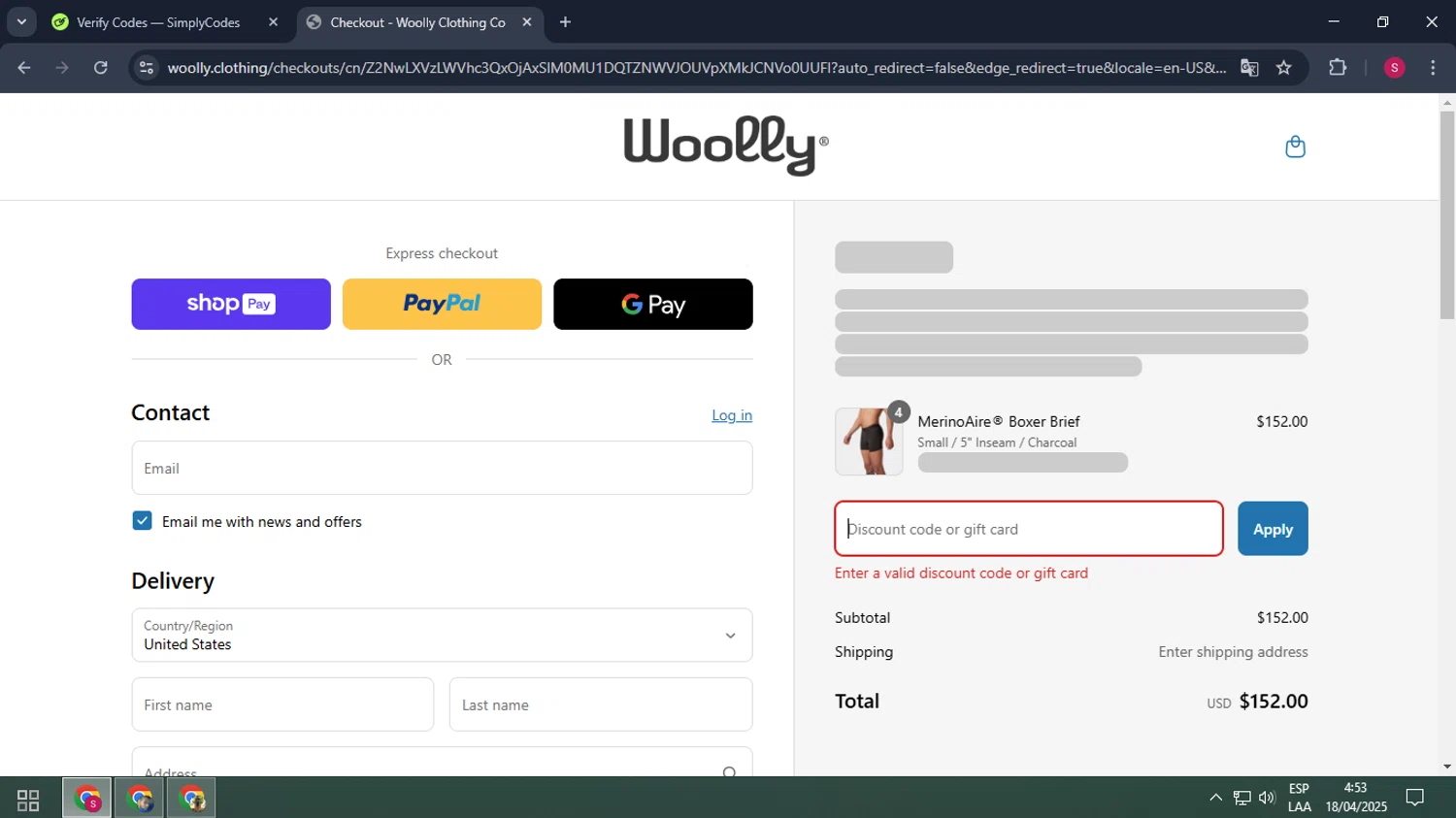 Woolly Clothing discount code screenshot showing code NEWCOLOR applied at Woolly Clothing checkout page. Uploaded by SimplyCodes community member ELMORADO on Apr 18, 2025