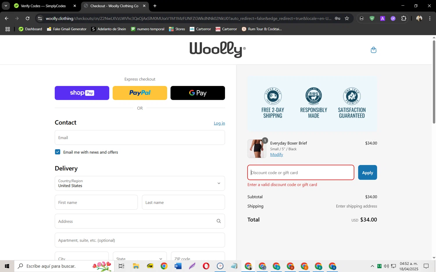 Woolly Clothing discount code screenshot showing code NEWCOLOR applied at Woolly Clothing checkout page. Uploaded by SimplyCodes community member jeysosmoore on Apr 18, 2025
