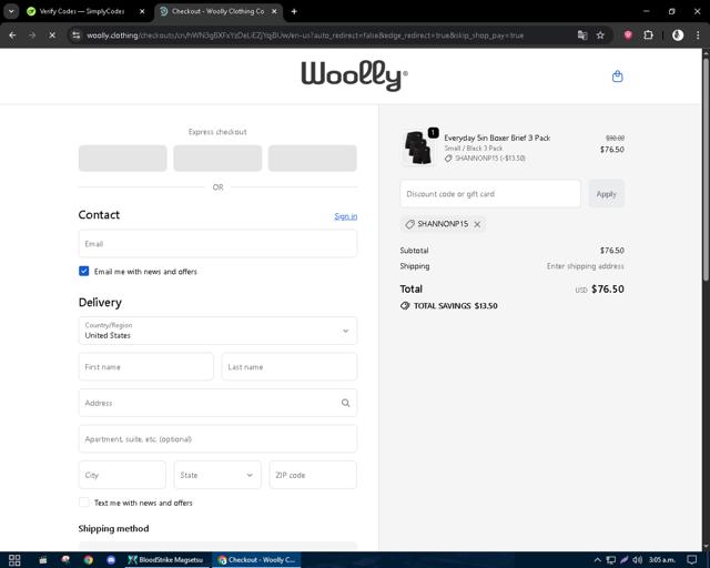 Woolly Clothing checkout page showing Woolly Clothing discount code box | Screenshot taken by SimplyCodes community member on Oct 3, 2025