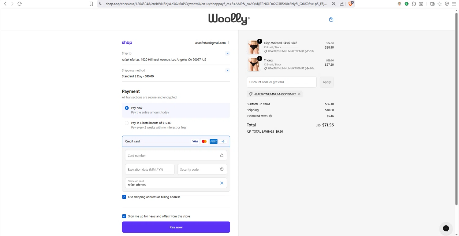Woolly Clothing checkout page showing Woolly Clothing discount code box | Screenshot taken by SimplyCodes community member on Feb 10, 2026