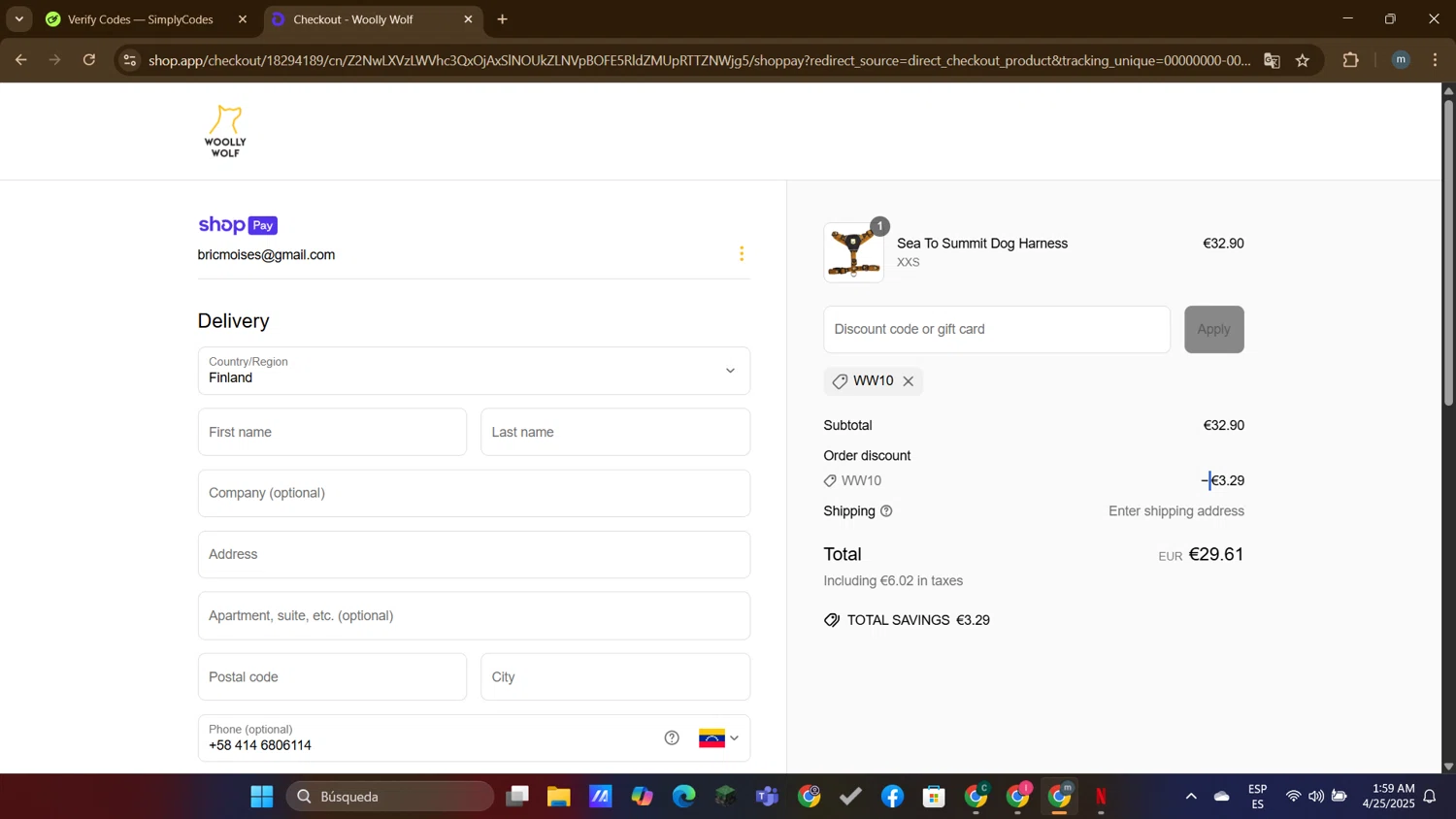 Woolly Wolf promo code screenshot showing code WW10 applied at Woolly Wolf checkout page. Uploaded by SimplyCodes community member DTBERA2024 on Apr 25, 2025