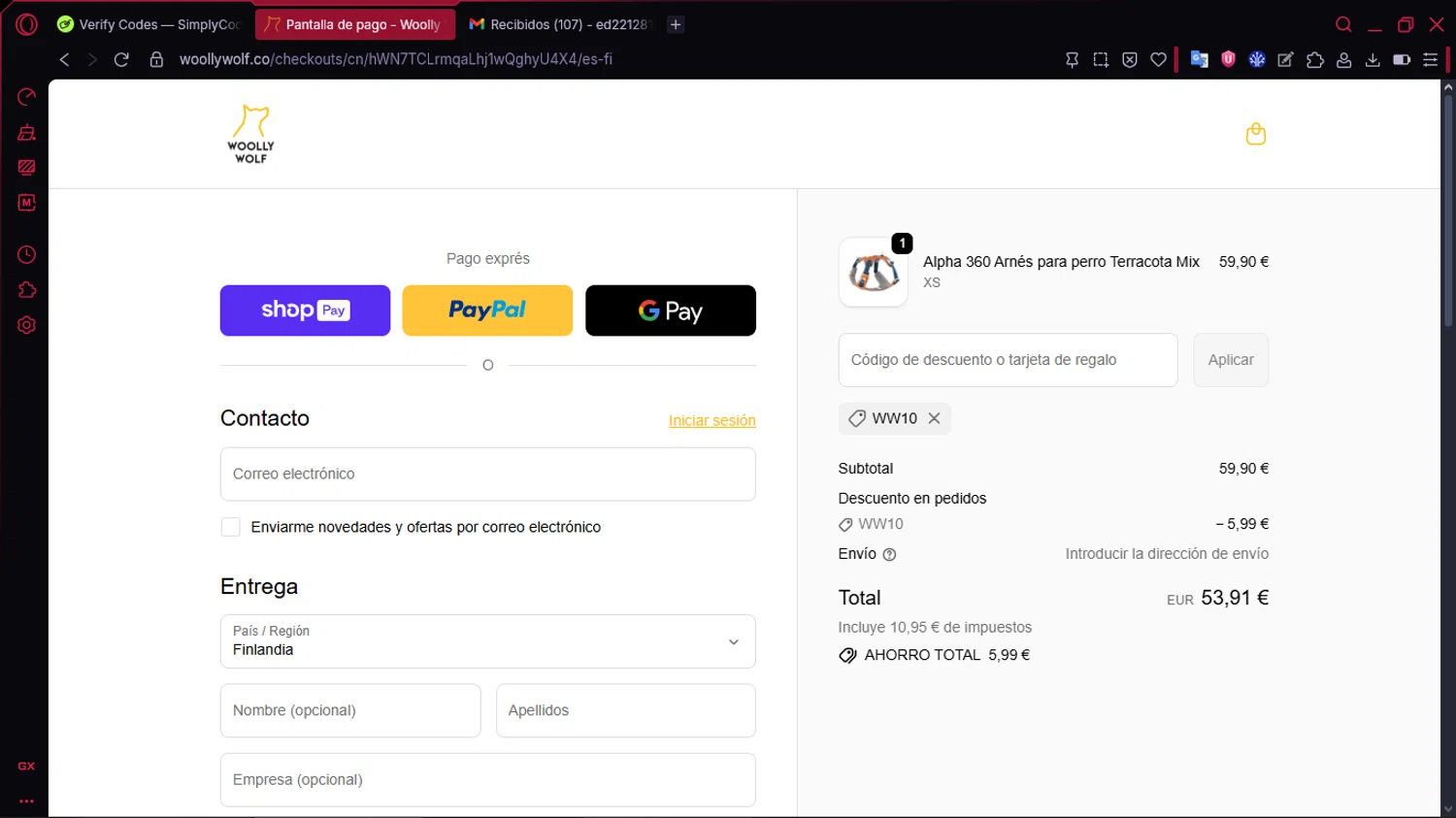 Woolly Wolf promo code screenshot showing code WW10 applied at Woolly Wolf checkout page. Uploaded by SimplyCodes community member RewardLion134 on Jan 11, 2026