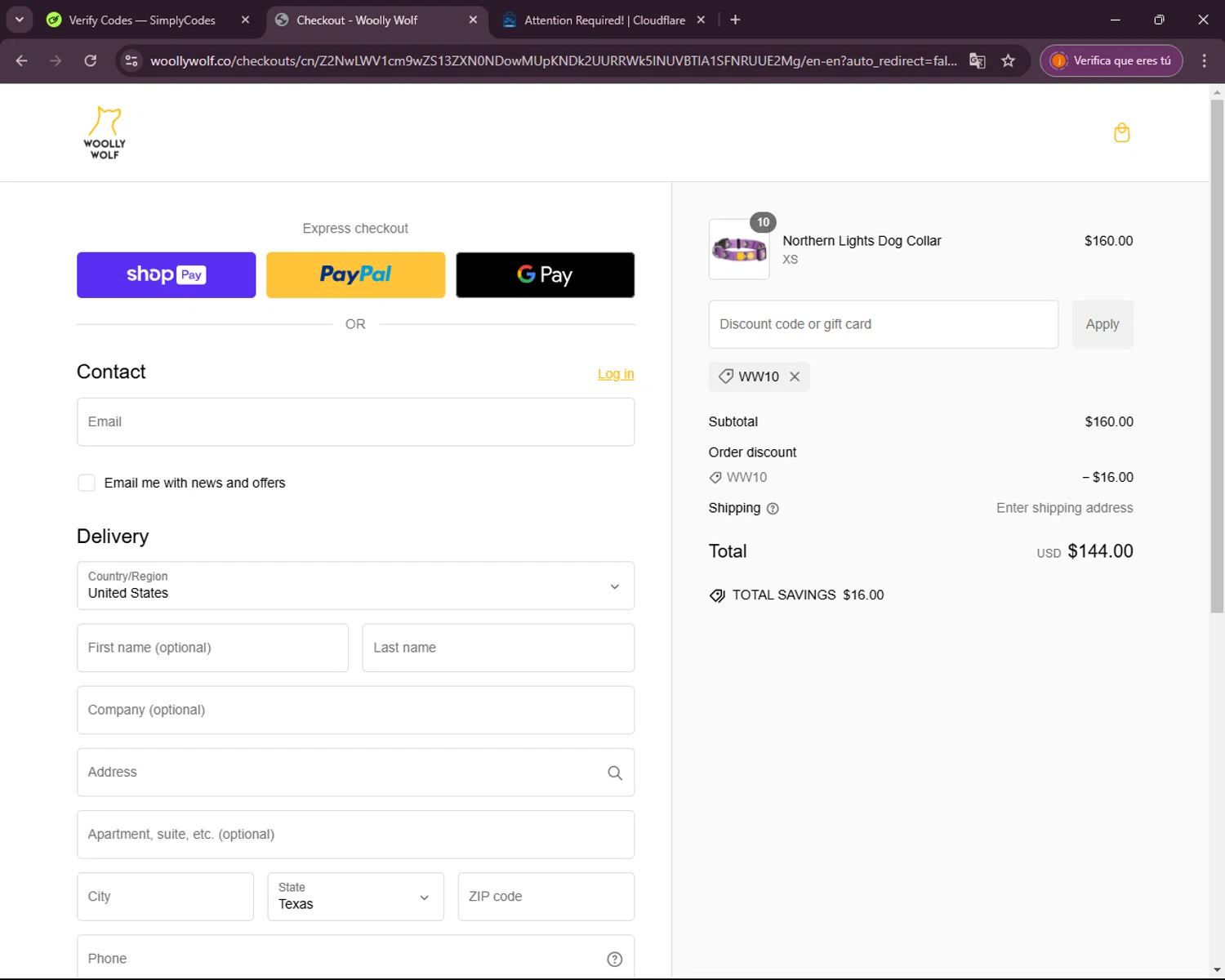 Woolly Wolf promo code screenshot showing code WW10 applied at Woolly Wolf checkout page. Uploaded by SimplyCodes community member VictoriousOwl2774 on Jan 21, 2025