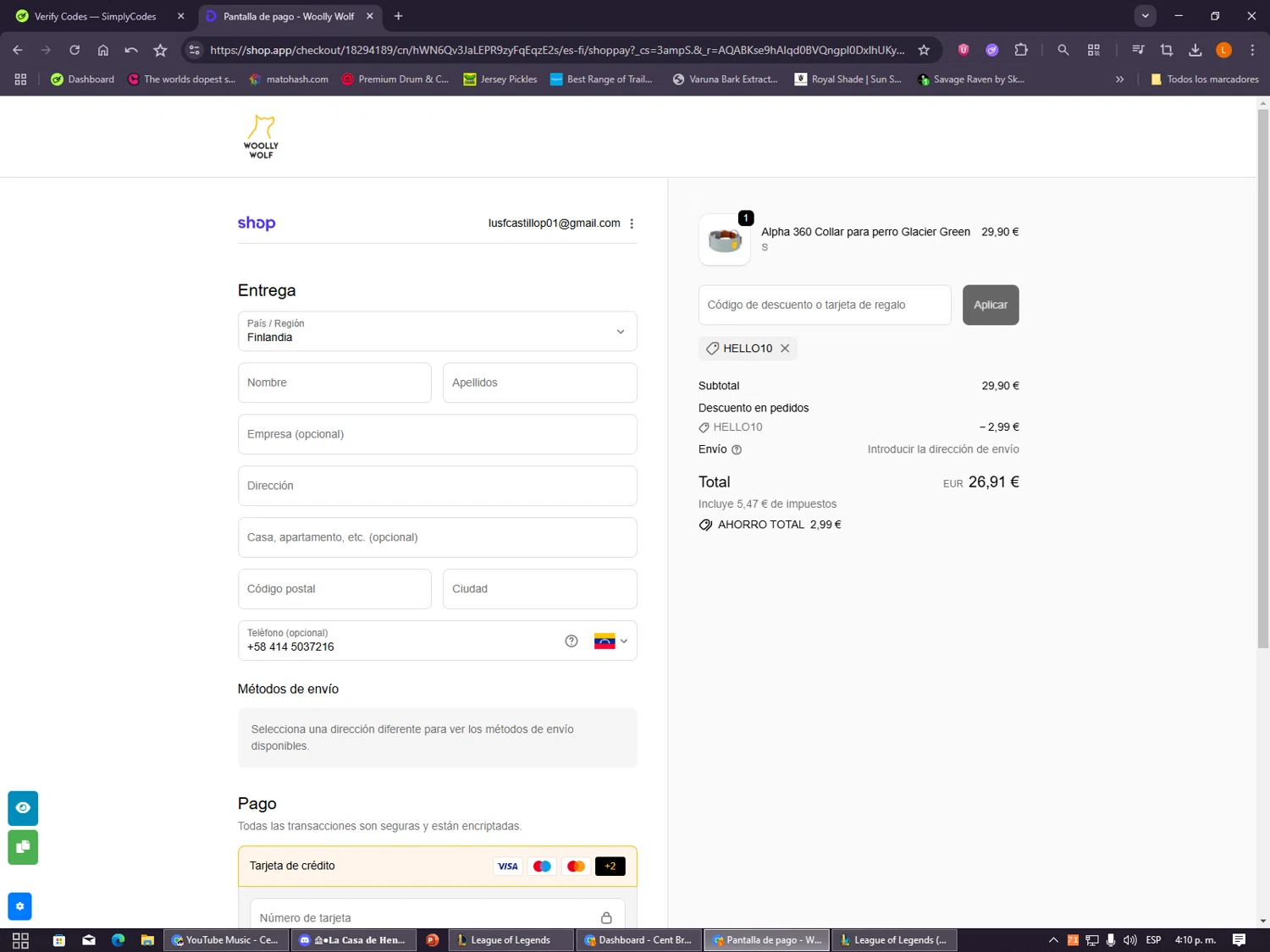Woolly Wolf promo code screenshot showing code HELLO10 applied at Woolly Wolf checkout page. Uploaded by SimplyCodes community member VayneChambeadora on Dec 14, 2025