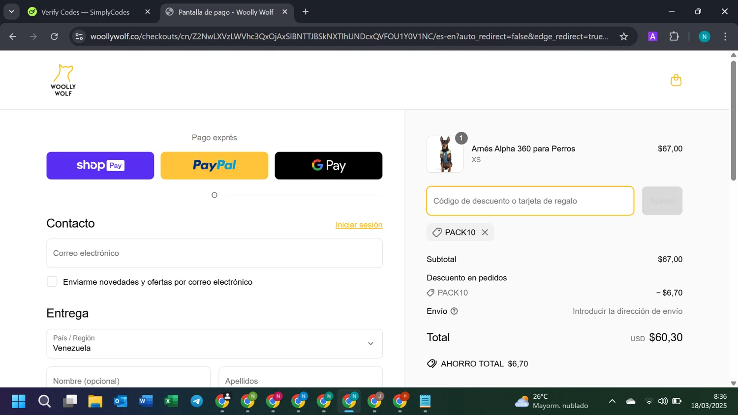 Woolly Wolf promo code screenshot showing code PACK10 applied at Woolly Wolf checkout page. Uploaded by SimplyCodes community member DiscountGenius5394 on Mar 18, 2025