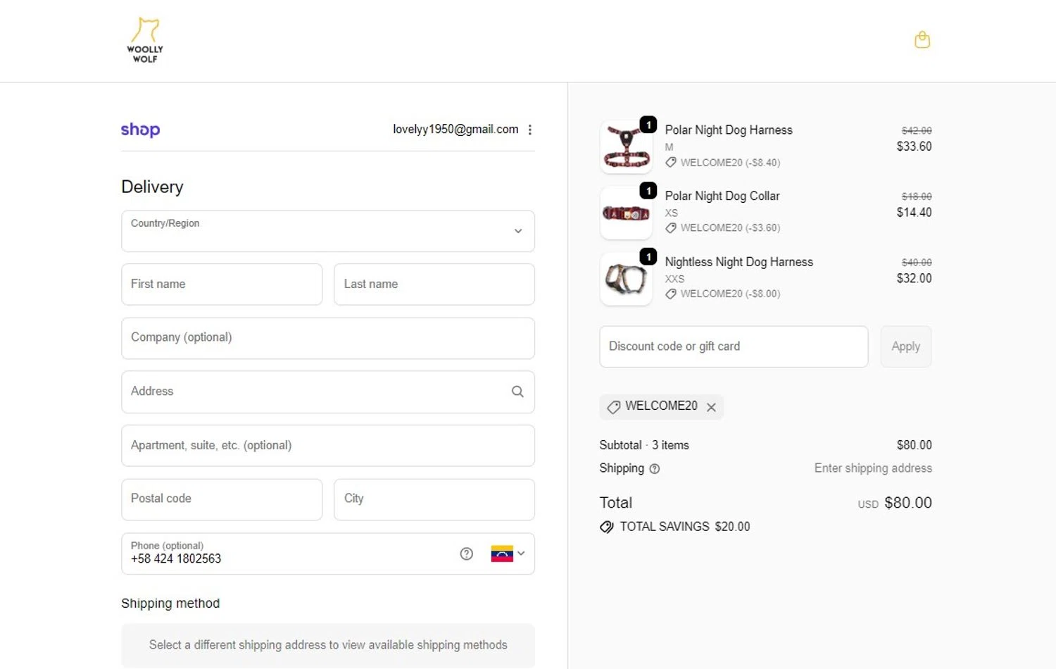 Woolly Wolf promo code screenshot showing code WELCOME20 applied at Woolly Wolf checkout page. Uploaded by SimplyCodes community member RoYoK88 on Jan 5, 2026
