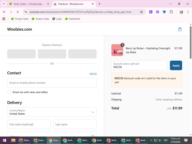 Woolzies checkout page showing Woolzies promo code box | Screenshot taken by SimplyCodes community member on Aug 27, 2025
