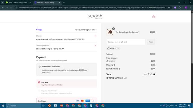 Woosh Beauty checkout page showing Woosh Beauty discount code box | Screenshot taken by SimplyCodes community member on Sep 16, 2025