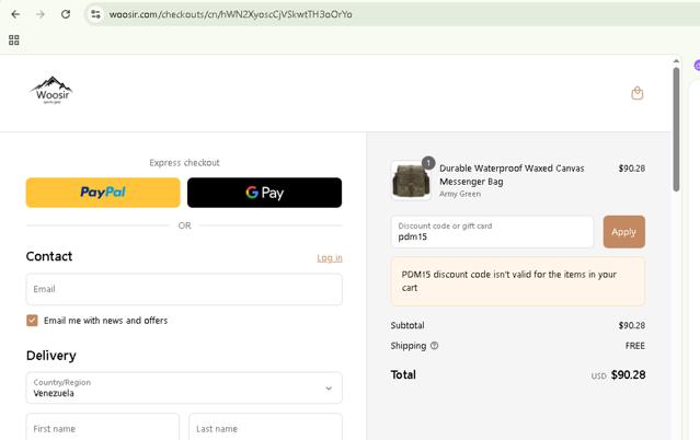 Woosir checkout page showing Woosir discount code box | Screenshot taken by SimplyCodes community member on Sep 3, 2025