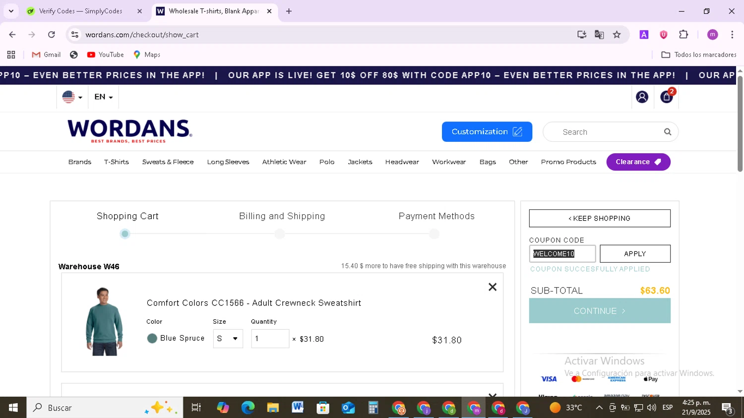 Wordans coupon code screenshot showing code WELCOME10 applied at Wordans checkout page. Uploaded by SimplyCodes community member BudgetMonarch8952 on Sep 21, 2025