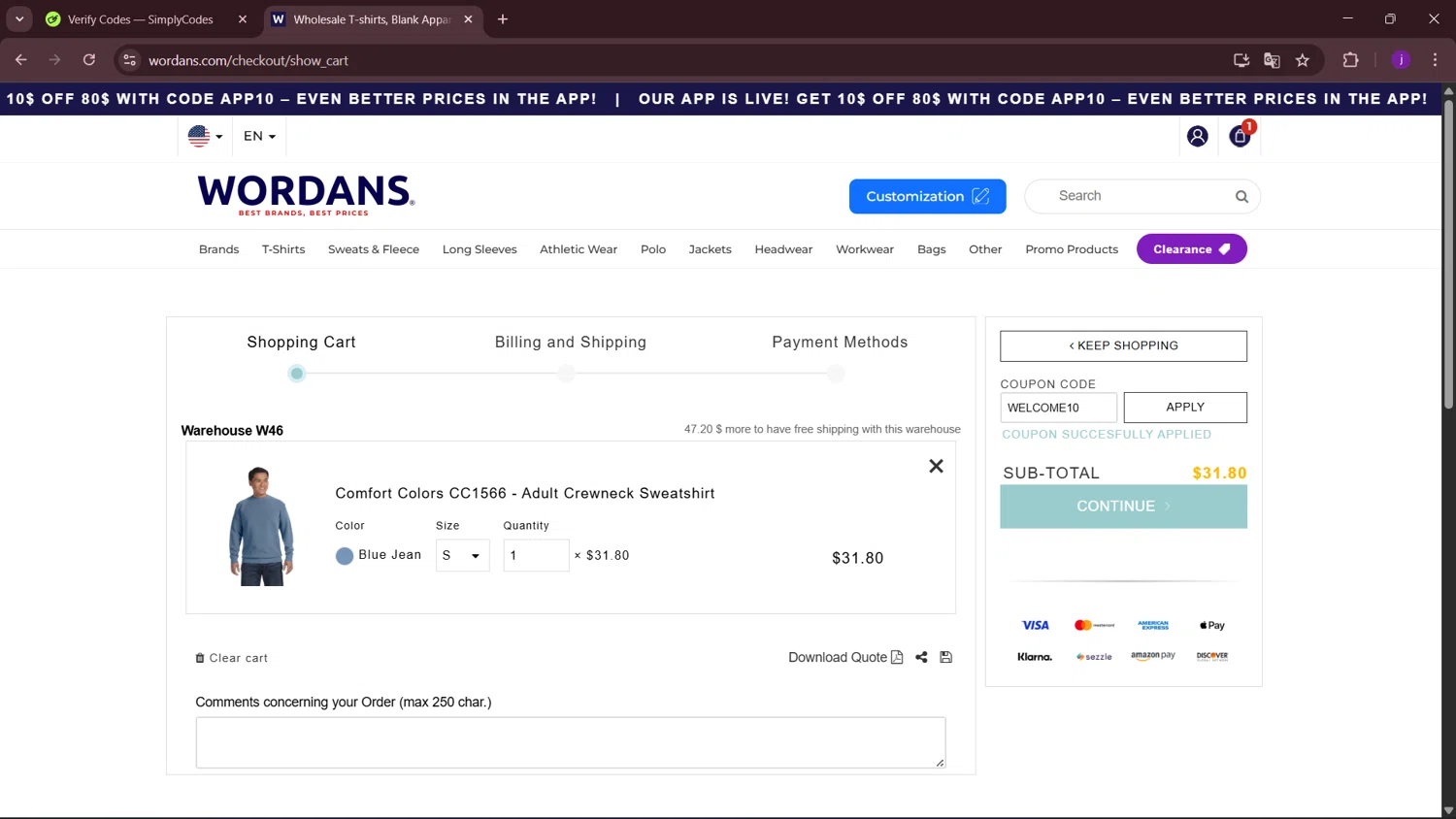 Wordans coupon code screenshot showing code WELCOME10 applied at Wordans checkout page. Uploaded by SimplyCodes community member MagnificentSleuth912 on Sep 21, 2025