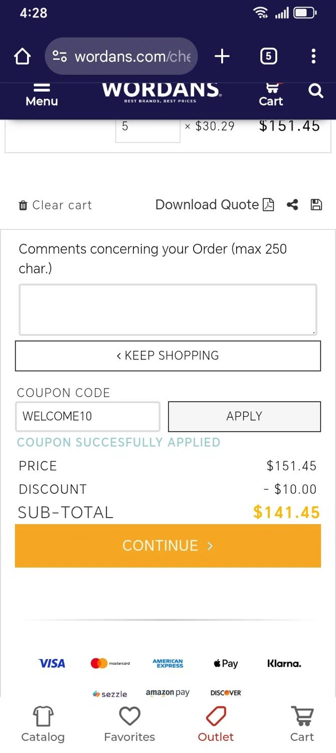 Wordans coupon code screenshot showing code WELCOME10 applied at Wordans checkout page. Uploaded by SimplyCodes community member franksanchez on Sep 21, 2025