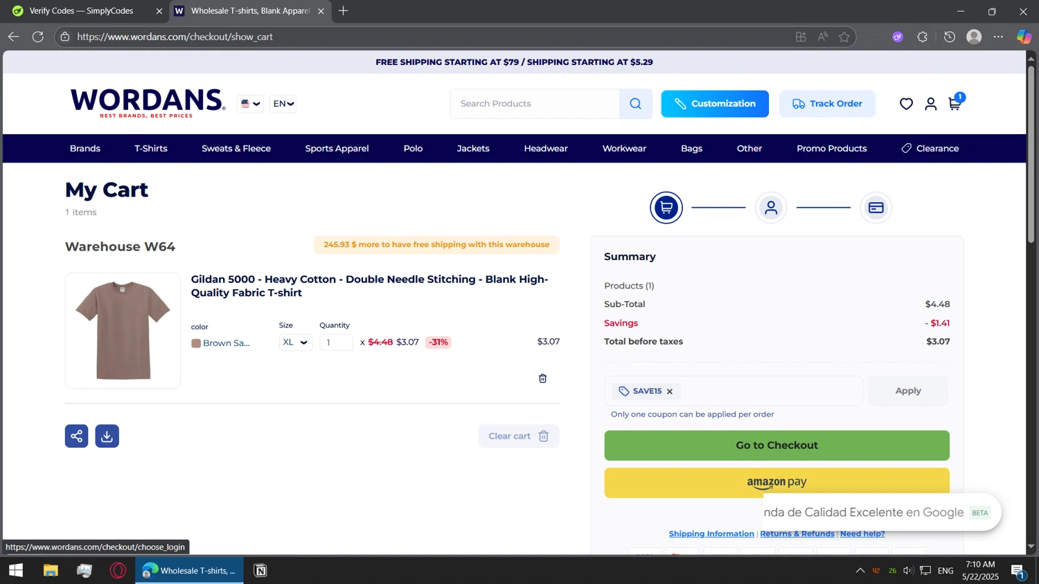 Wordans coupon code screenshot showing code SAVE15 applied at Wordans checkout page. Uploaded by SimplyCodes community member BorgeZzz on May 22, 2025