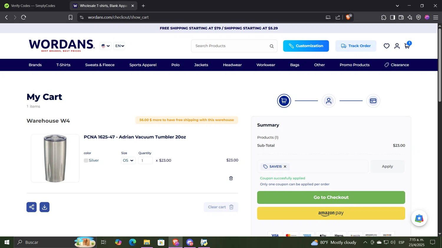 Wordans coupon code screenshot showing code SAVE15 applied at Wordans checkout page. Uploaded by SimplyCodes community member CocuydePenca on Apr 23, 2025