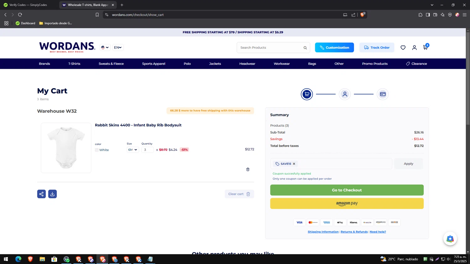 Wordans coupon code screenshot showing code SAVE15 applied at Wordans checkout page. Uploaded by SimplyCodes community member CleverTracker4432 on Mar 25, 2025