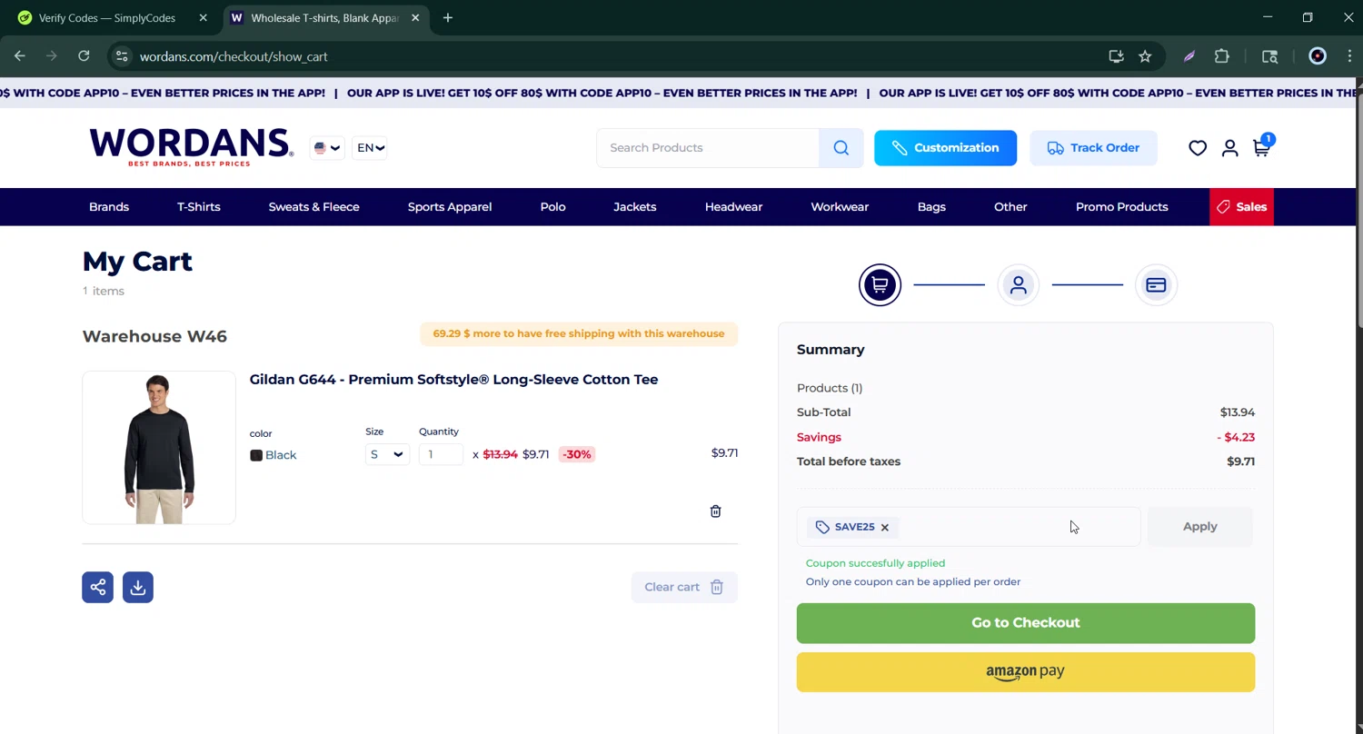 Wordans coupon code screenshot showing code SAVE25 applied at Wordans checkout page. Uploaded by SimplyCodes community member Bernard_Lowe on Jul 3, 2025